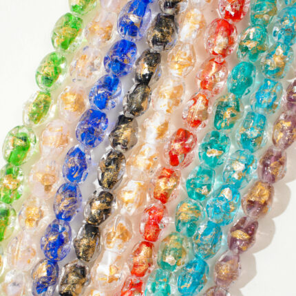 25PCS Handmade Irregular Oval Gold Foil Liuli Beads – Clear Vintage Glass Beads for Elegant DIY Jewelry